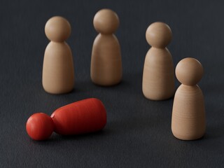 Red wooden doll figure laid on the ground. Layoff. jobless and firing someone concept.3D rendering on black background.
