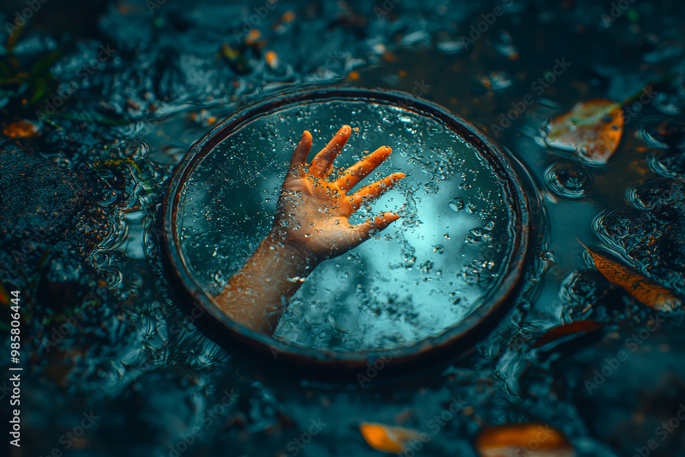 Poster a hand reaching through a mirror, as if the reflection is trying to escape, symbolizing the desire t