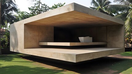 Minimalist Outdoor Toilet: A sleek, standalone toilet in a minimalist garden. The concrete structure blends seamlessly with the surrounding greenery. 