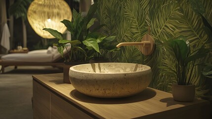 Obraz premium Nature-Inspired Bathroom: A loft bathroom featuring a wooden vanity with a vessel sink. The leafy wallpaper and potted plants evoke a natural, calming ambiance. 