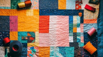 A colorful patchwork quilt surrounded by spools of thread, showcasing textile art and creativity.
