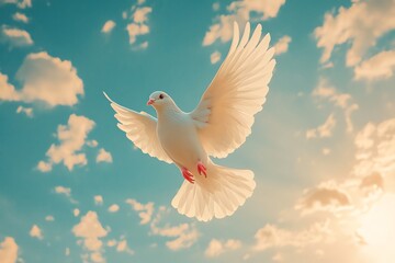 A white dove in flight against a blue sky with fluffy white clouds.