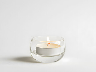 Small white candle burning inside a clear glass holder mock up isolated on white background