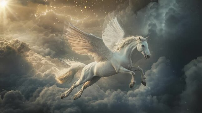 a mystical animal, a pegasus, flying in the sky. Virtual 4K video animation background with looping time lapse with very smooth graphics.