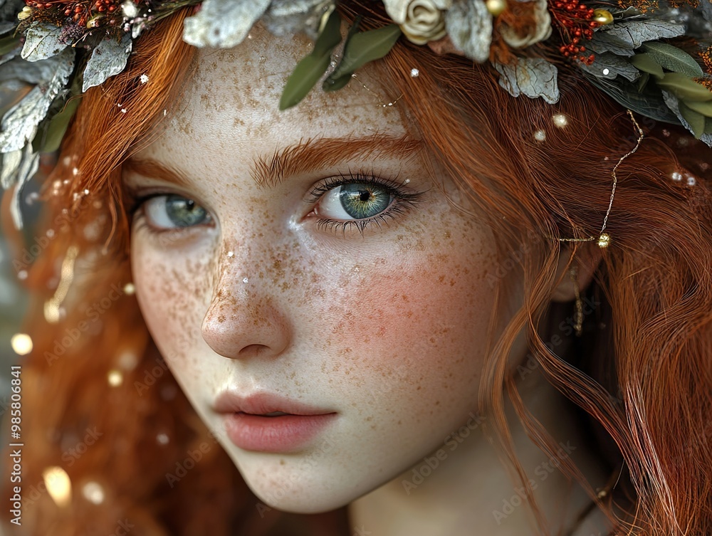 Wall mural Enchanted Portrait: A Dreamy Close-up of a Woman with Red Hair and a Flower Crown