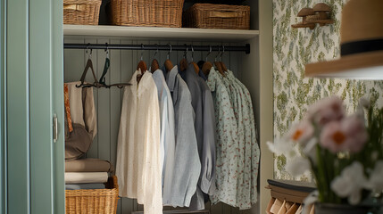 Modern walk-in closet with wooden shelves and drawers, hanging clothes