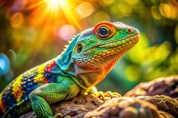 Obraz premium A brightly colored flared neck lizard showcases its stunning patterns in a sunlit natural habitat, capturing the beauty of its environment amidst vibrant surroundings.