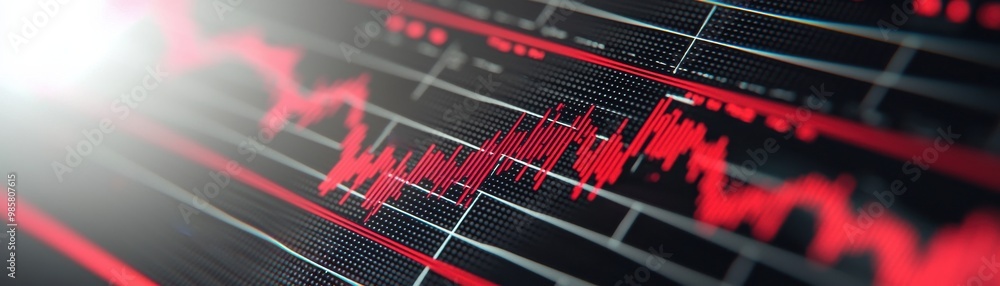 Poster dynamic financial graph showcasing a declining trend with vibrant red lines against a dark backgroun
