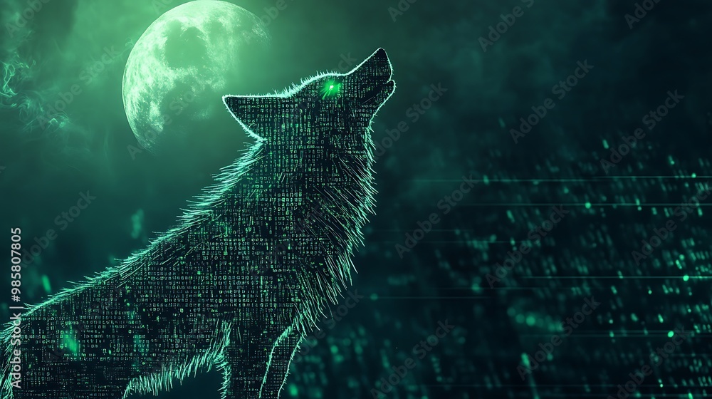 Aufkleber digital wolf howling at virtual moon - cybersecurity concept with glowing eyes in coding background