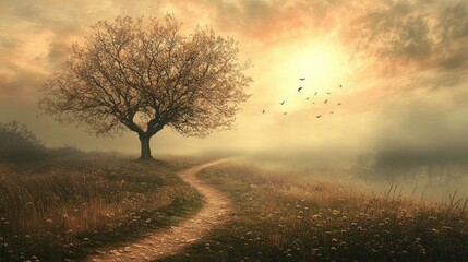Naklejka premium A Solitary Tree with Birds Flying in a Misty Field at Sunset