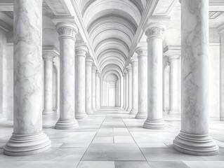A white marble colonnade with columns and arches leading to a bright light at the end of the hall.