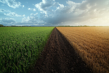 A divided field where one half is fertile and green, and the other is dry and barren, illustrating the consequences of climate change.