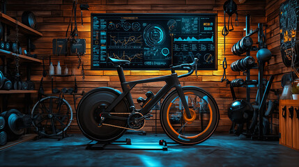 a photostock image of a high-tech fitness bike with augmented reality, showing resistance levels, performance metrics, and app connectivity in a home gym