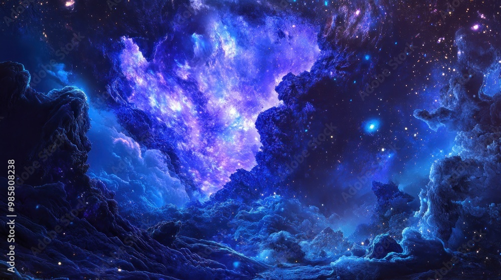 Sticker A celestial landscape with blue and purple nebulae, swirling clouds and stars.