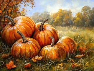 Naklejka premium Pumpkins Autumn Harvest on Grass