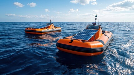 Obraz premium Eco-Friendly Rescue Boats Powered by Solar Energy | Sustainable Sea Rescue Operations with Copy Space