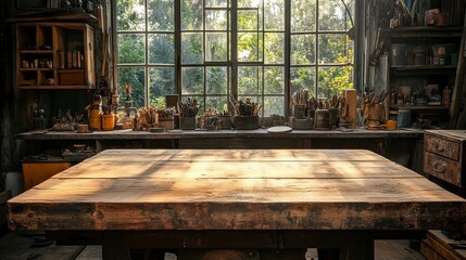 A rustic workshop with a wooden table and large windows, filled with various tools.