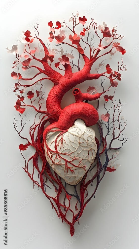 Poster layered paper cut visualization of the dynamic circulatory system spreading from the heart