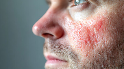 Fototapeta premium Close up face of young man suffering from problem skin. Acne, rosacea, dry skin. Dermatology concept