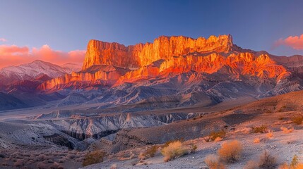 Majestic sandstone cliffs and canyons against a dramatic sky with vibrant sunset colors in an arid remote desert landscape  The towering sculpted rock formations create a sense of scale