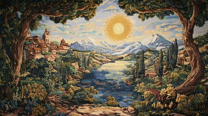 Obraz premium Embroidered Tapestry Depicting a Pastoral Landscape with a Village, Mountains, and a Sun