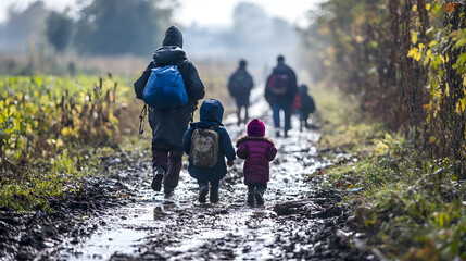 Obraz premium World Refugee Day. Migrating people. Resettlement of people due to war. Concept Refugees, Border Crossing, Humanitarian Crisis