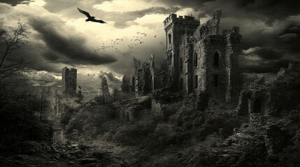 A Ruined Stone Castle Surrounded by Forest Under a Gloomy Sky