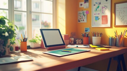 A bright creative workspace with a wooden desk, graphic tablet, and colorful design tools for a new project.