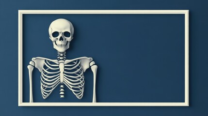 A detailed skeleton model displayed within a minimalist frame against a dark blue background, perfect for educational themes.