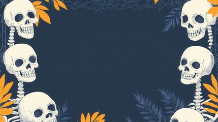 Fototapeta premium A spooky and stylish frame featuring skulls and vibrant leaves, perfect for Halloween-themed designs and illustrations.