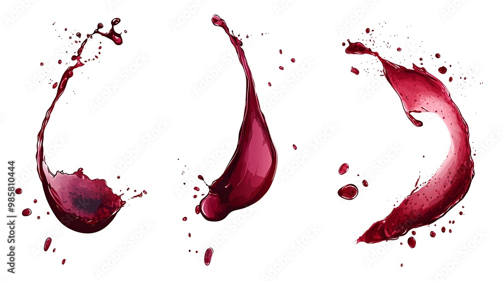 Poster collection of wine spills on white background - vector set with deep red stains in flat design