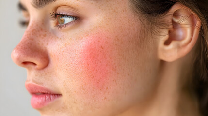Close up face of young woman suffering from problem skin. Acne, rosacea, dry skin. Dermatology concept