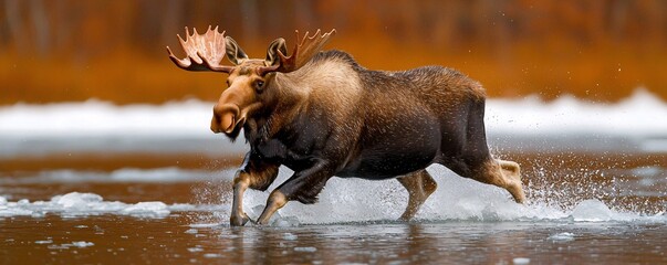 Majestic Moose Running Through Frozen Lake