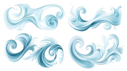 Fototapeta premium Tranquil Seafoam Swirls Vector Set on White Background | Gentle Ocean Foam Patterns in Flat Design with 4 Elements | Isolated Illustration