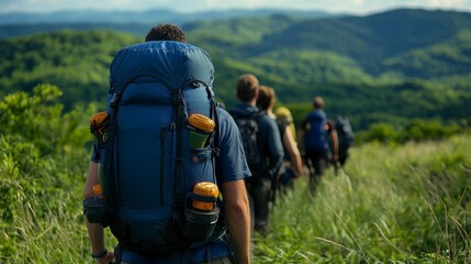 Hikers trekking through a lush green landscape with backpacks.