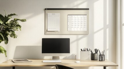 A clean, modern workspace with a wall-mounted calendar and a daily planner on the desk.