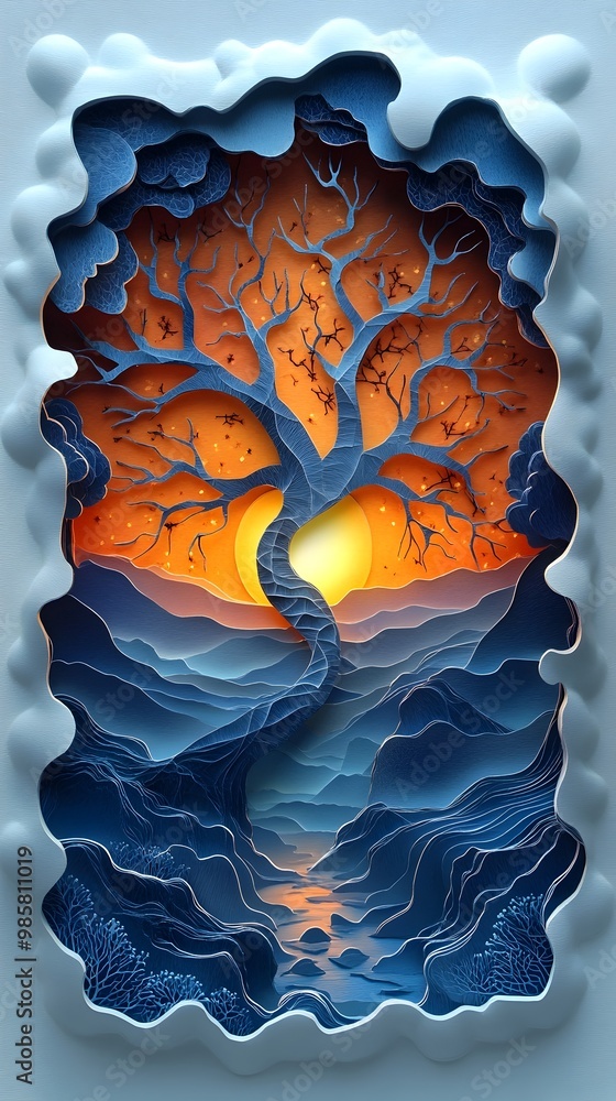 Poster intricate papercut neuron overlaying gradient background