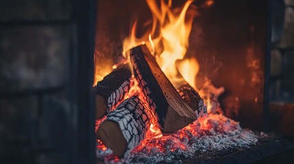 A close-up of burning firewood in a vintage cast iron fireplace on a cold winter evening.