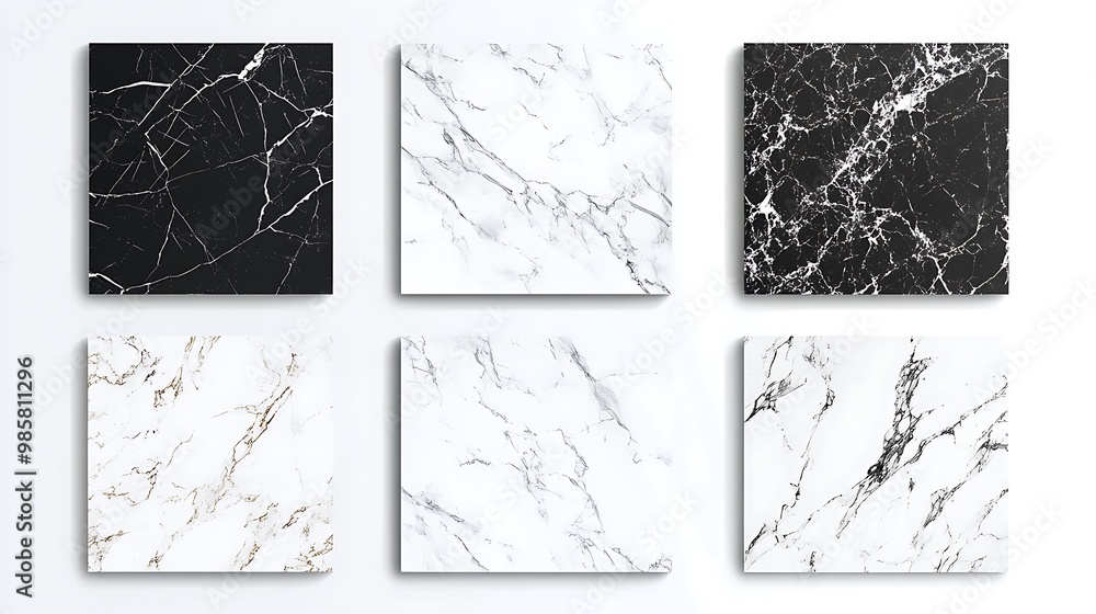Poster elegant set of marble textures - smooth and veined surfaces on white background - vector illustratio