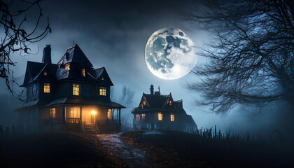Obraz premium Spooky Halloween Nighttime Scene with Haunted Atmosphere
