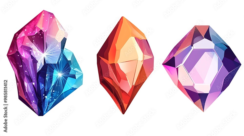 Poster shimmering gemstone cuts vector set on white background - flat design with 4 elements | illustration