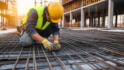 Construction Worker with Steel Rebar on Site