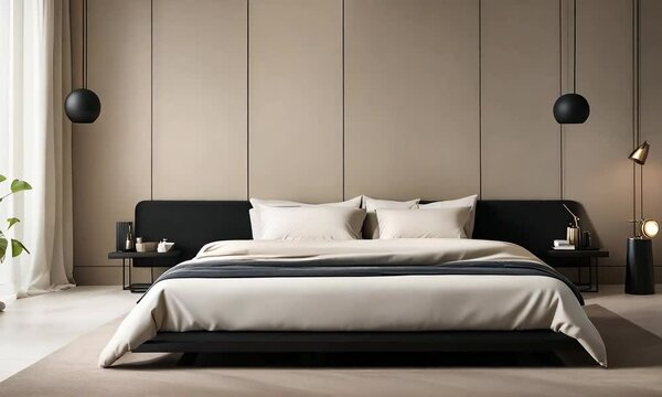 Minimalist interior design of a modern bedroom with beige cement walls.