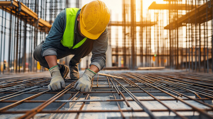 Construction Worker Installing Rebar on Site