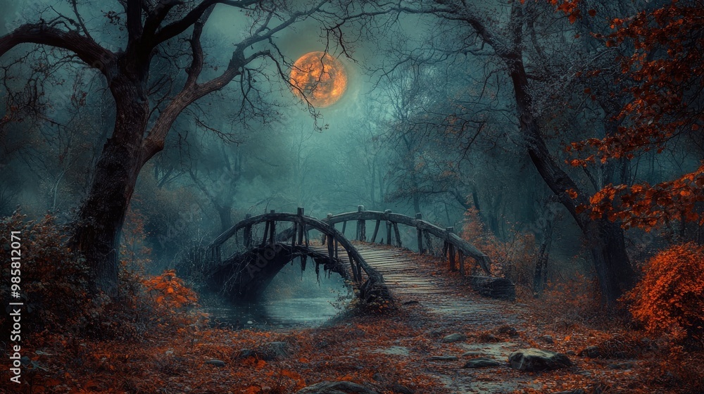 Wall mural haunted autumn forest with lifeless trees and an ancient wooden bridge under a full moon