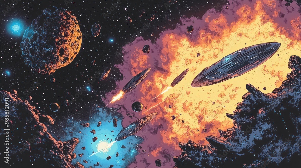 Poster spaceships flying through a cosmic nebula with asteroids and stars