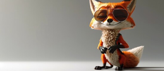Naklejka premium Stylized anthropomorphic fox character wearing fashionable sunglasses posing in a minimalist 3D studio setting with a simple background