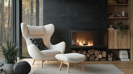 A cozy armchair and footrest, positioned next to a fireplace in a modern living space.