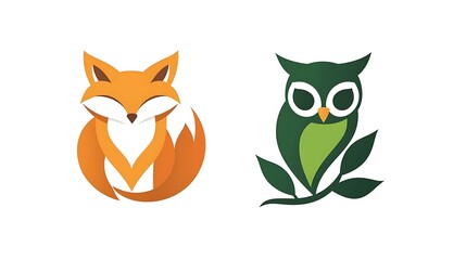 Whimsical Orange Fox and Green Owl Logo Vector Design on White Background