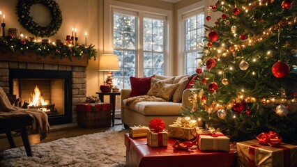 Obraz premium A beautifully decorated Christmas tree with twinkling lights